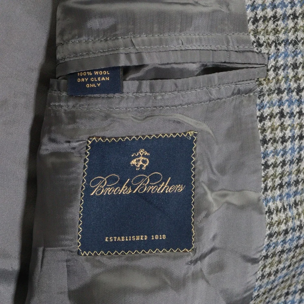 Brooks Brothers Sport Coat Houndstooth Check Blazer Blue Brown Tweed Wool Sz 48R